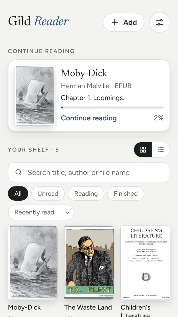 The Gild library with a book to continue and a shelf of covers