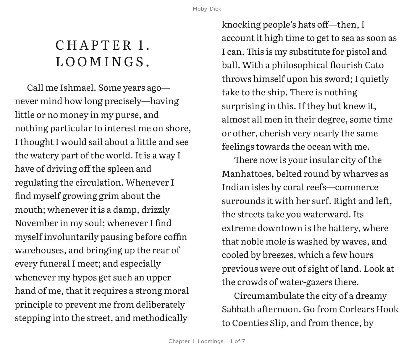 Moby-Dick in Gild on an unfolded phone: chapter one across two pages side by side